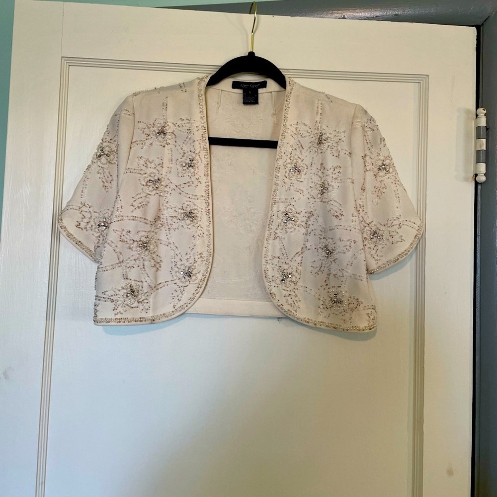 Shrug/bolo, white, hand beaded and rhinestones